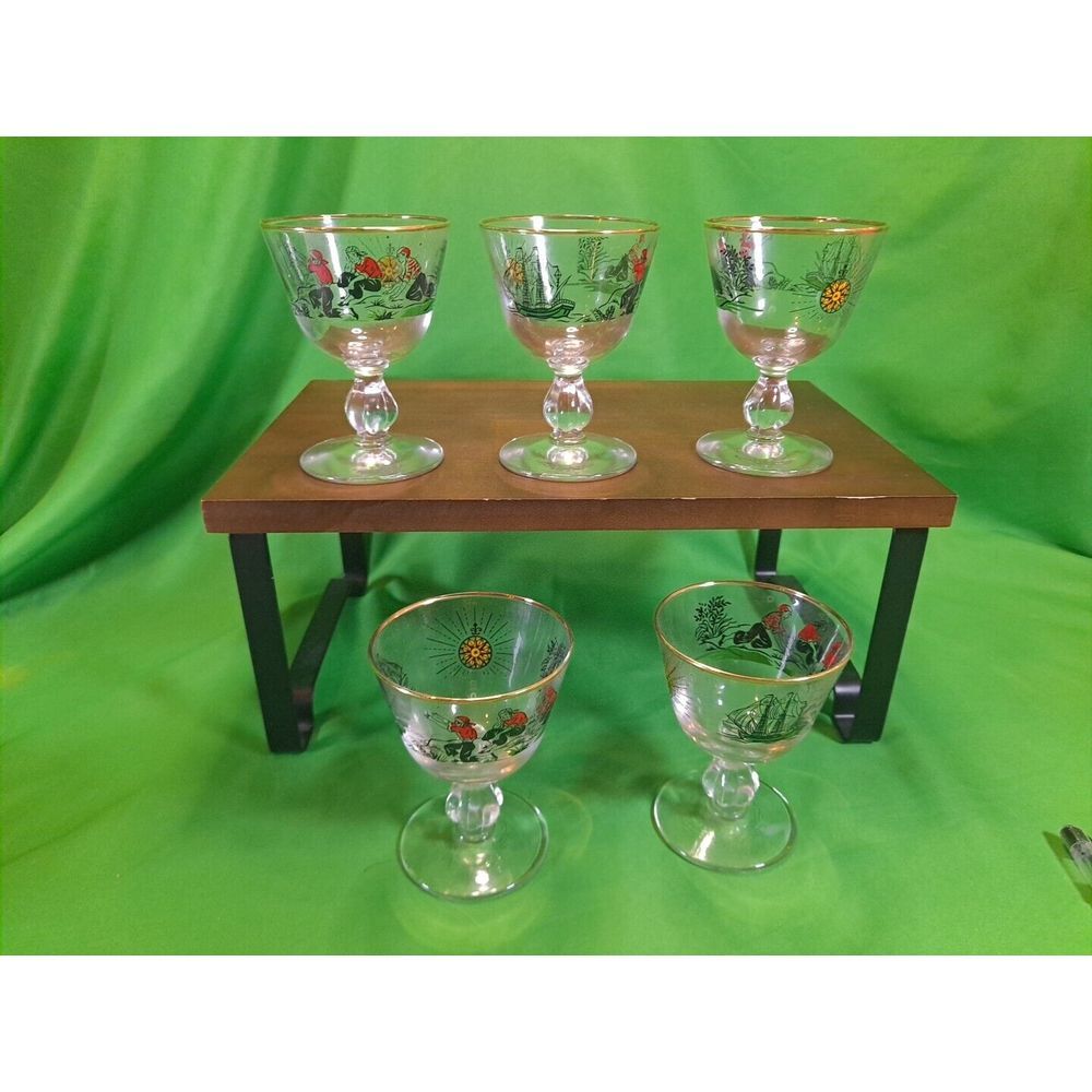 Vintage Libbey /Set of 5 /Treasure Island‎ Pirates /8 oz. Gold Rim Bar  Glasses